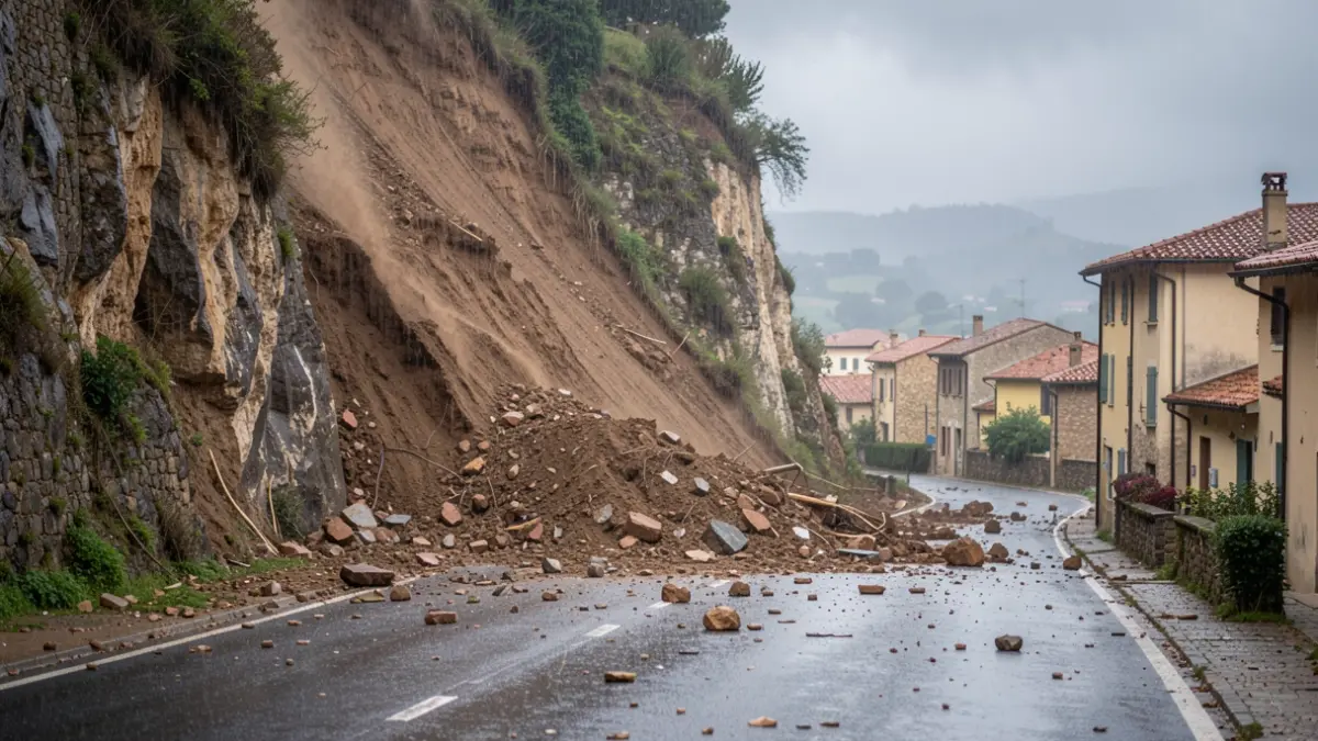 Generic image of a landslide on a cliff overlooking a road, with debris and a rainy sky.