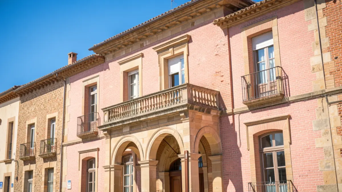 Image générique de la façade d'une mairie en brique rose et pierre, typique de l'Occitanie, avec une arcade et un balcon, sous un ciel bleu.