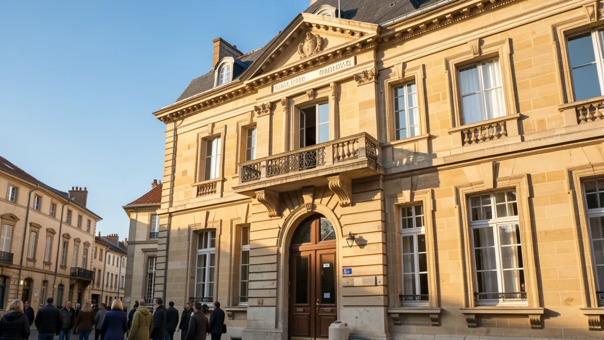 Generic image of a town hall facade with a balcony, stone architecture, afternoon sunlight, blue sky.