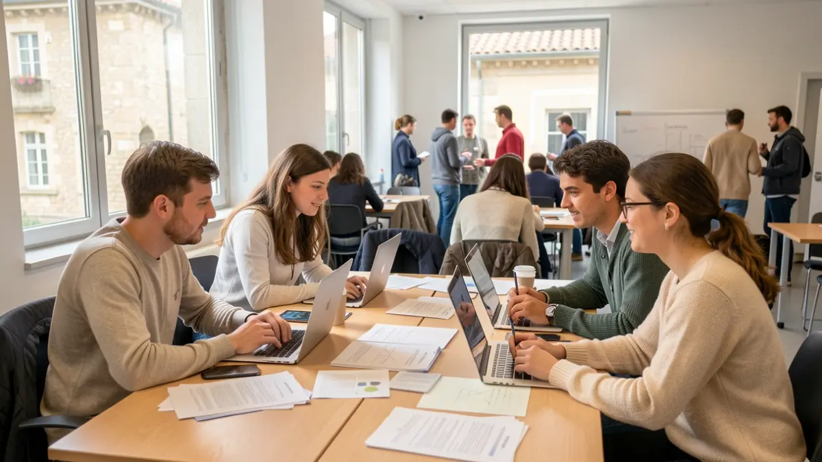 Generic image of young students working together on a project in a modern university space, with laptops and documents on a table. Soft natural light.