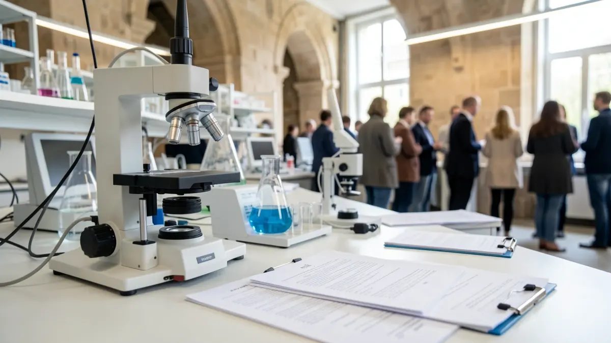 Gros plan sur du matériel de recherche médicale et des documents sur un bureau dans un laboratoire moderne, avec un éclairage doux et diffus. Mise au point sur des instruments scientifiques et des papiers liés à la recherche en oncologie. Architecture de la région Occitanie subtilement visible à l'arrière-plan.