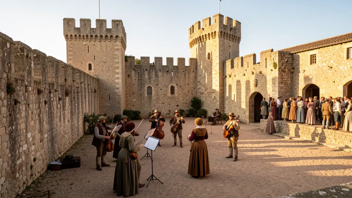 Cour du château vicomtal de Canet-en-Roussillon animée par des troubadours et des ménestrels lors d'une fête médiévale.
