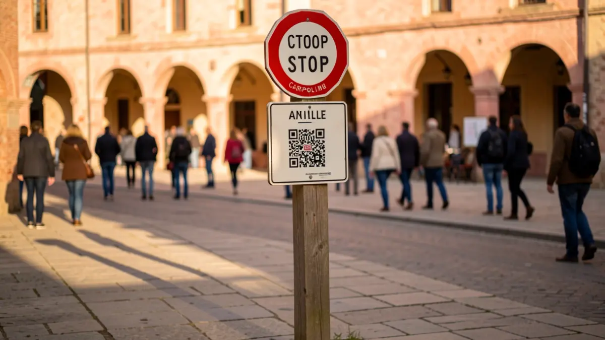 Carpooling signpost in Azille with a QR code, local architecture in the background.