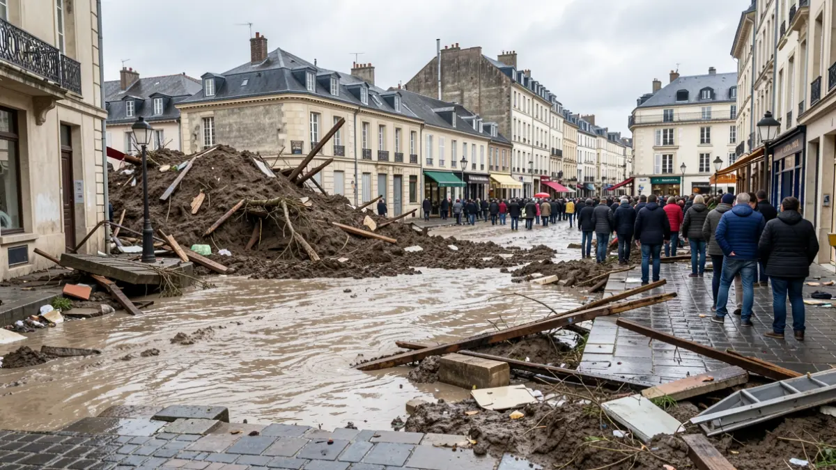 Image générique de rues inondées et de coulées de boue après une catastrophe naturelle.