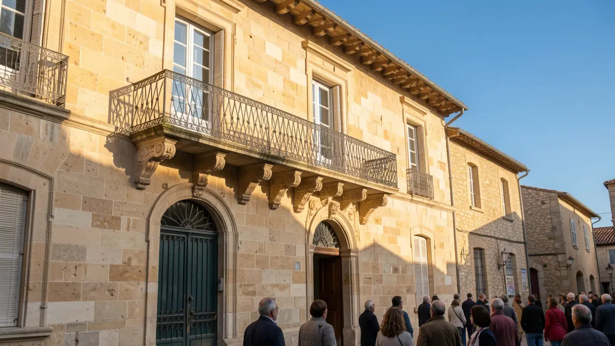 Façade d'un hôtel de ville en pierre dans le Sud de la France, avec balcon orné et balustrade en fer forgé. Lumière chaude de l'après-midi.