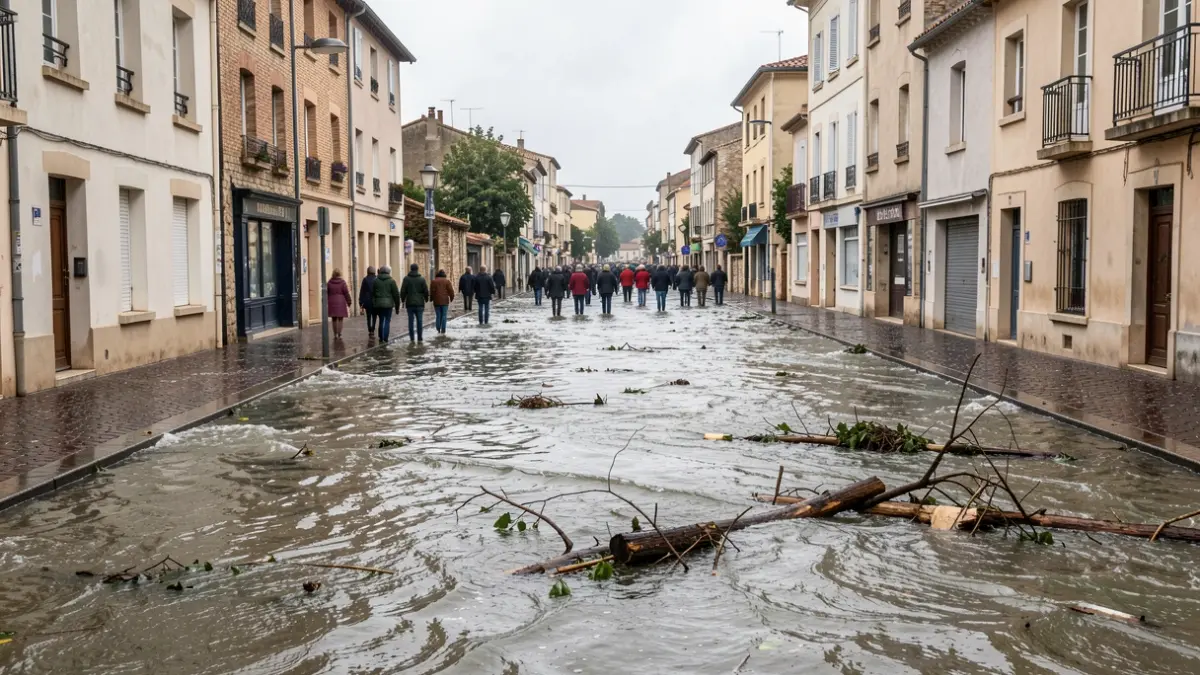 Image générique de rues inondées dans une ville du sud de la France, avec des débris dans l'eau et un ciel couvert.