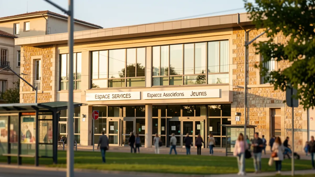 Image générique de la façade d'un bâtiment municipal moderne à Castelnau-le-Lez, Occitanie, avec des indications pour les espaces services, associations et jeunes. Lumière d'après-midi.
