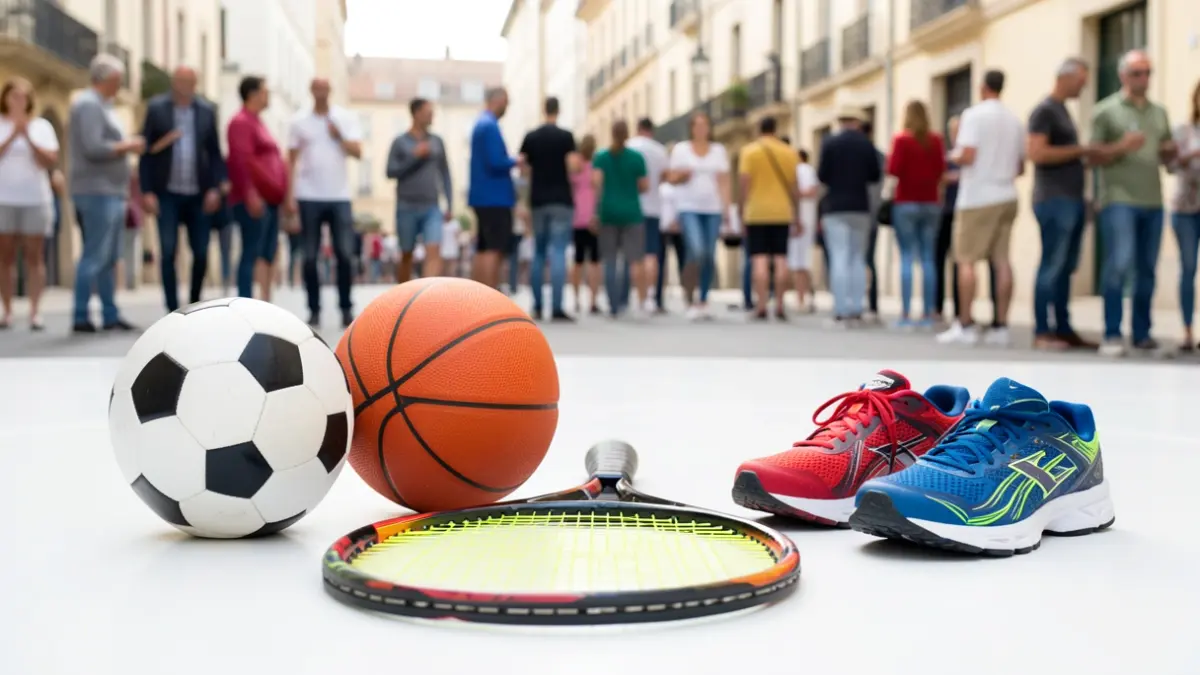 Generic image of various sports equipment on a bright background, symbolizing the town's commitment to sports.