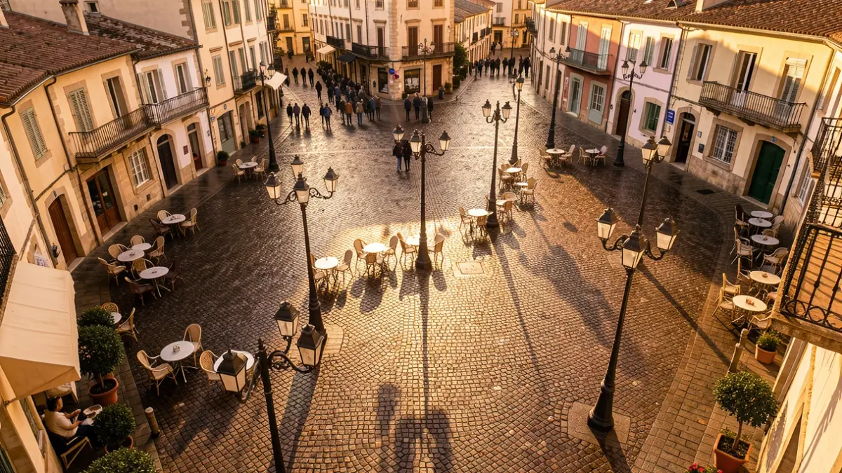Image générique d'une place de village dans le sud de la France la nuit, avec des lampadaires et des chaises d'extérieur.