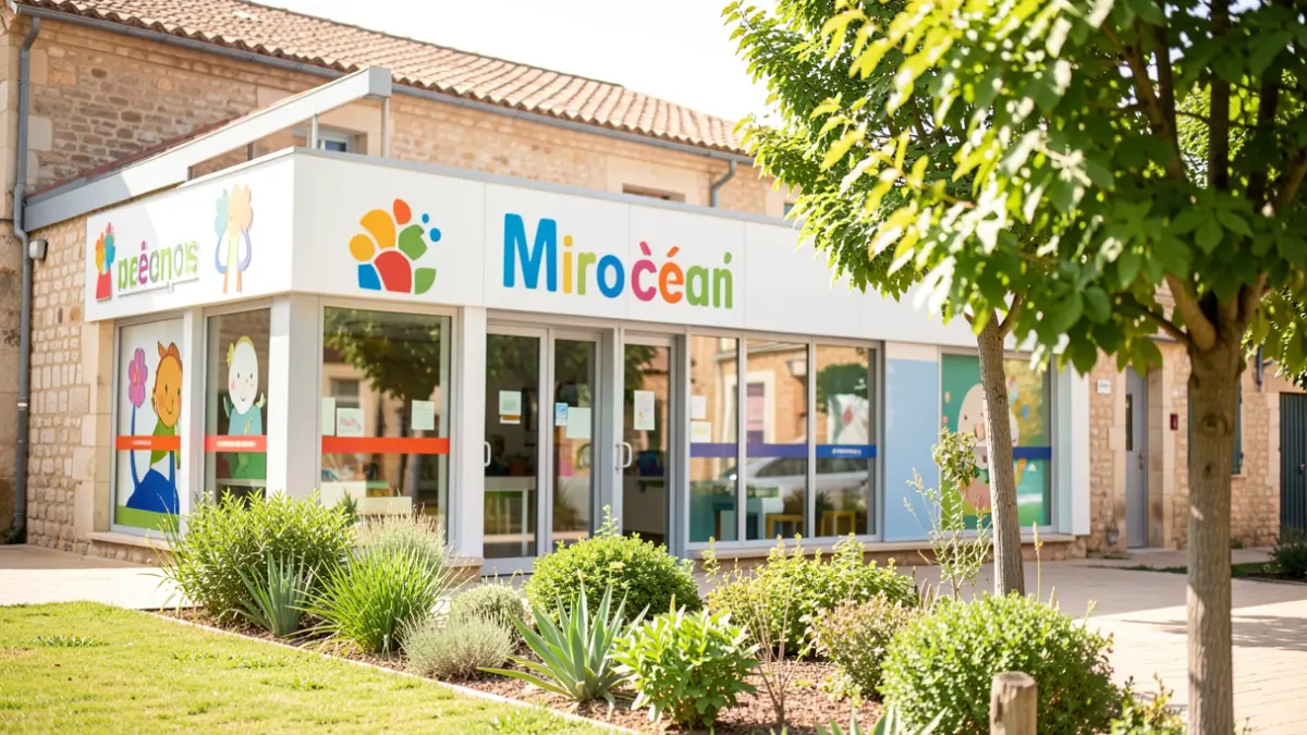Image générique d'une micro-crèche moderne avec jardin.