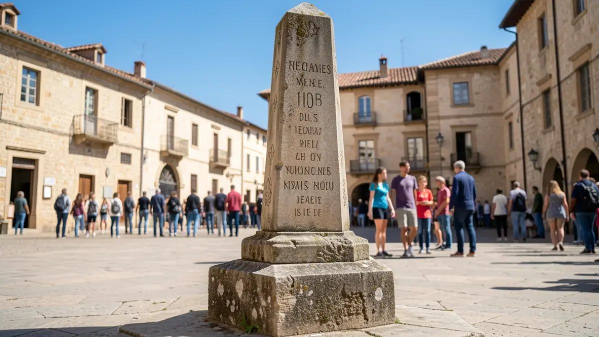 Generic image of a memorial stele in a public square, with blurred silhouettes of young people in the background, under a blue sky.