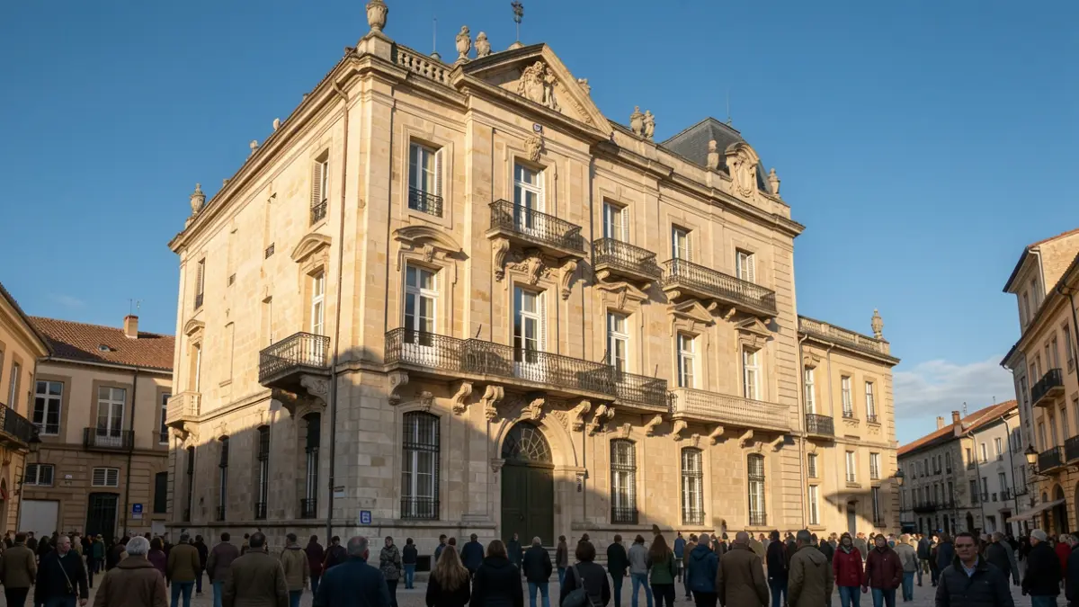 Facade of the Millau town hall in the sun.