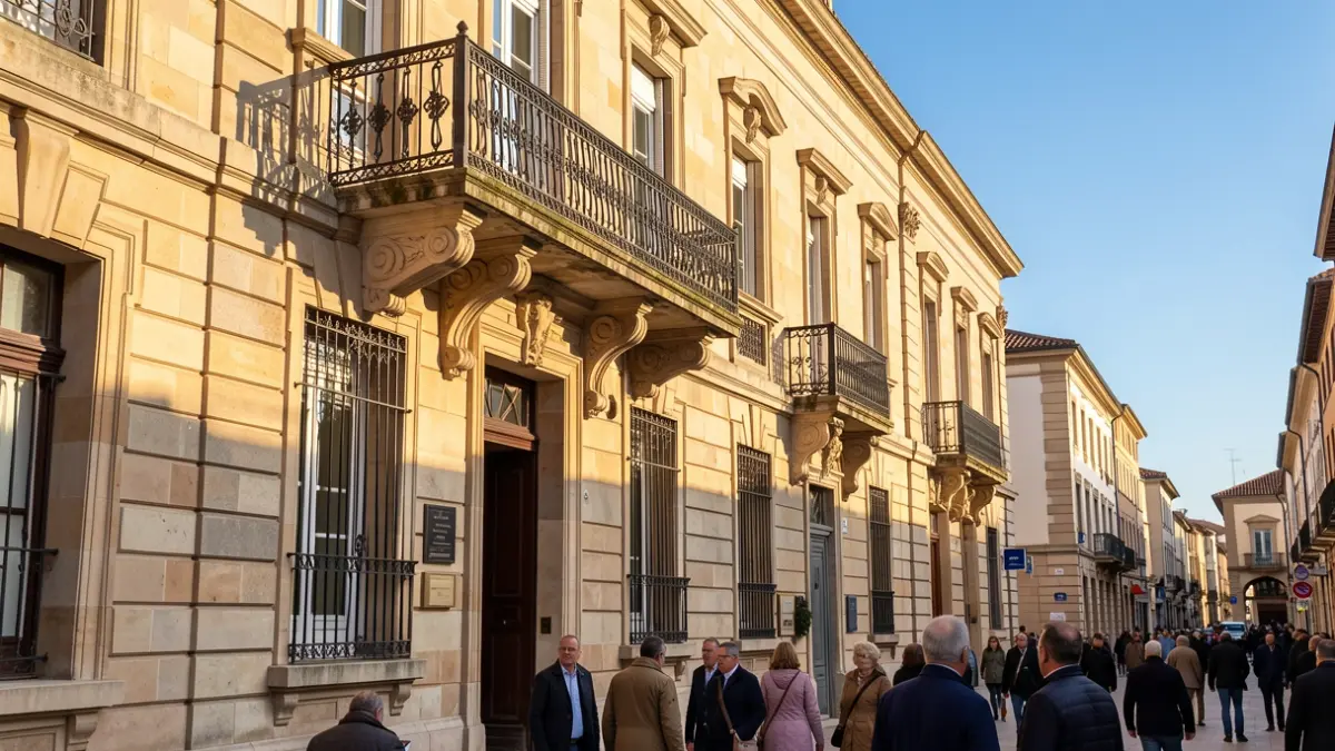 Generic image of a stone town hall facade in Southern France, featuring an ornate balcony and iron railings, bathed in warm afternoon sunlight.