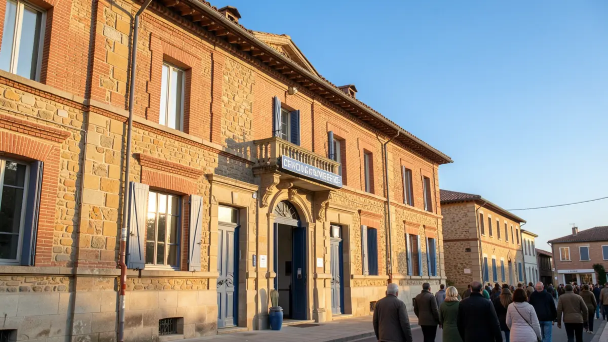 Generic image of the facade of a gendarmerie barracks in Occitanie, under a blue sky and warm sun.