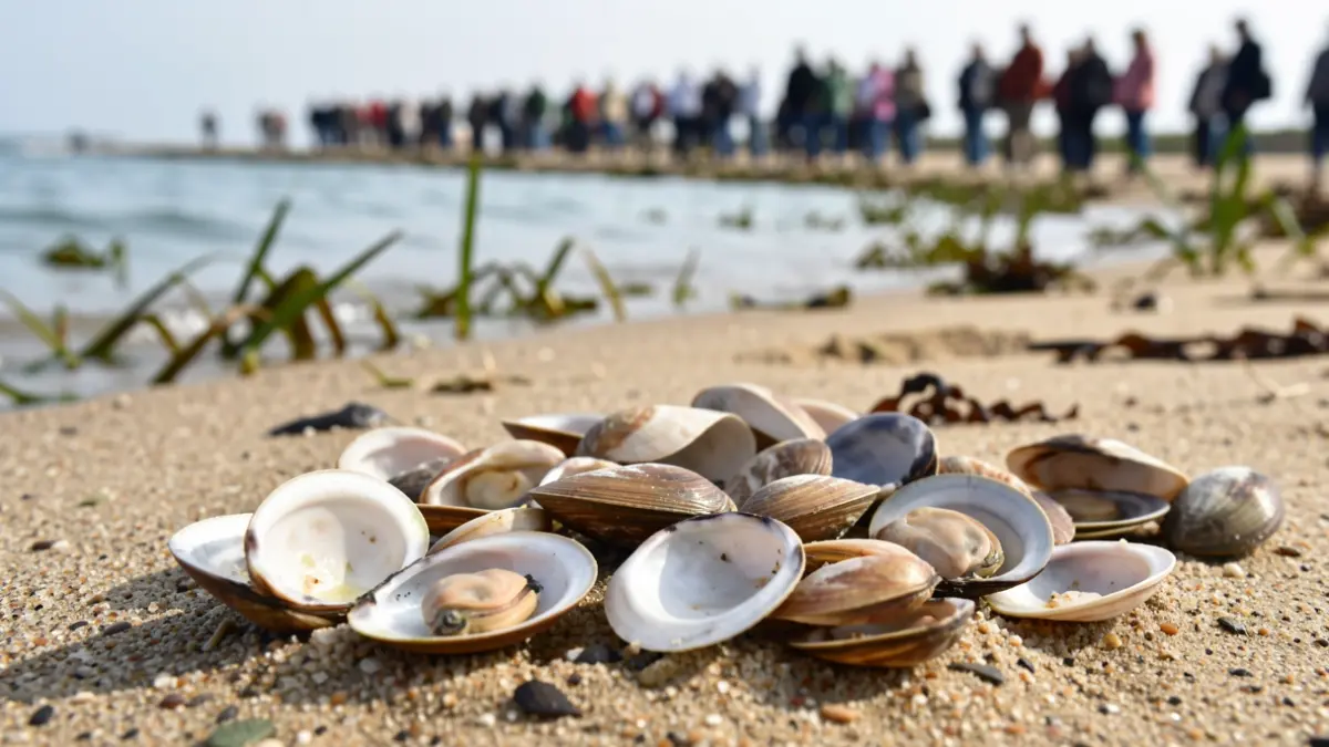 Generic image of clam shells arranged on a seabed, with blurred aquatic plants and water in the background, soft natural light.