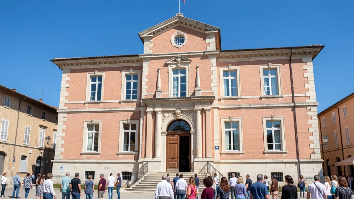 Facade of the Roquettes town hall, Occitanie architectural style.
