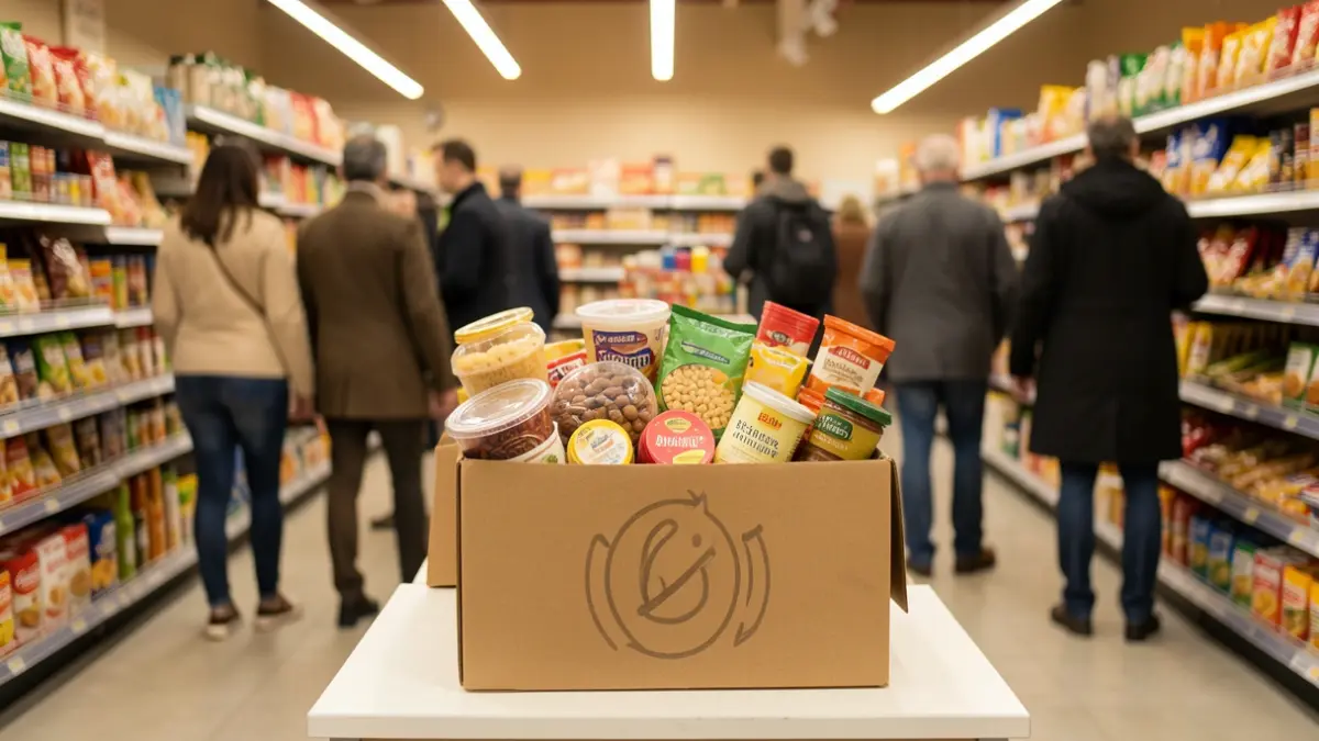 Image générique d'une boîte de collecte alimentaire dans un supermarché.