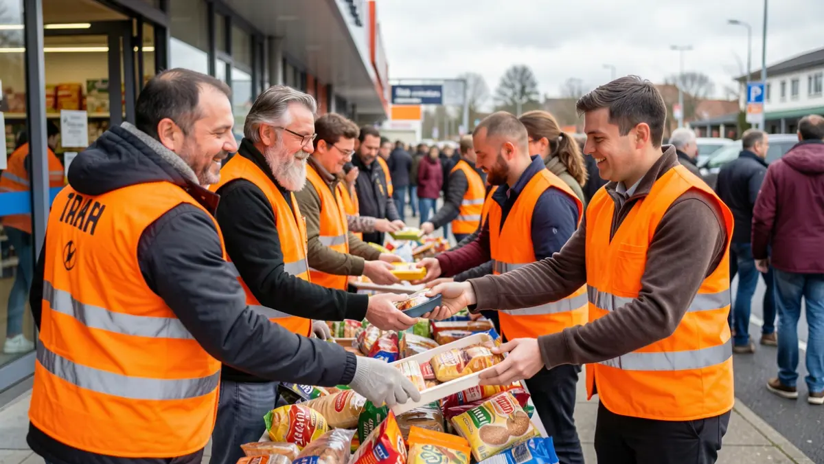 Image générique de bénévoles collectant des dons alimentaires devant un supermarché, symbolisant la solidarité et l'aide aux personnes dans le besoin.