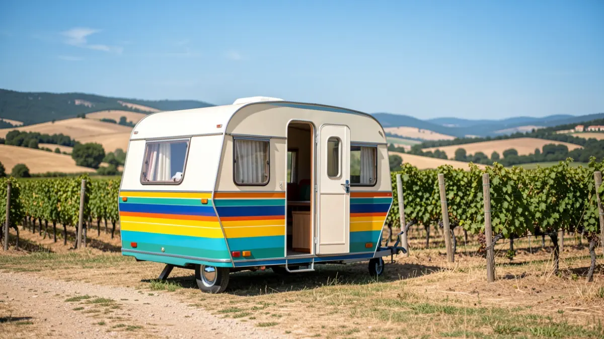 Caravane du projet 'Récits vivants de la transition' dans un paysage d'Occitanie.