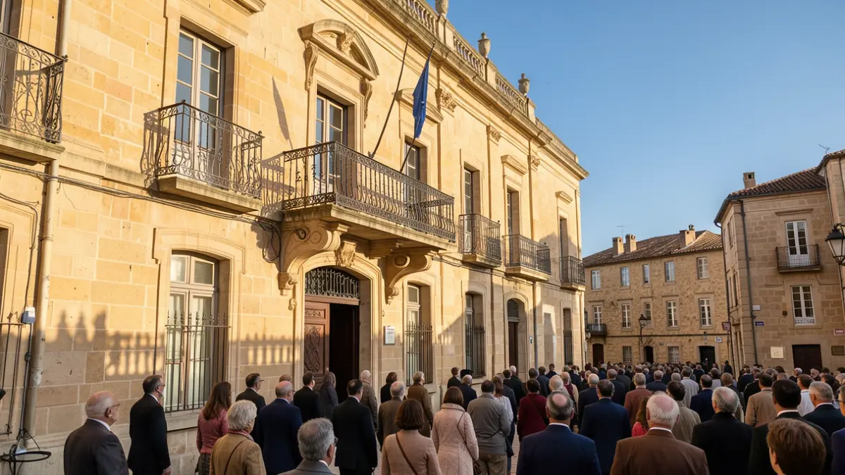 Generic image of a stone town hall facade in the South-West with a balcony and wrought iron railings, bathed in warm afternoon sunlight.