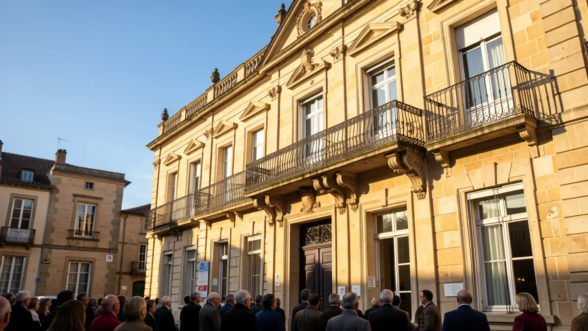 Generic image of a Southern French town hall facade with an ornate balcony, in the afternoon sun.