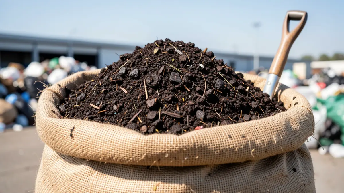 Image générique de compost en vrac dans un sac, devant un centre de recyclage.
