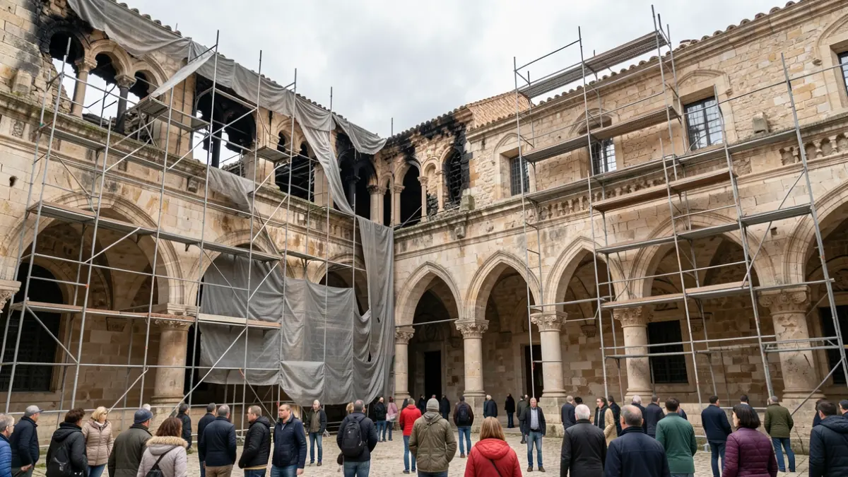 Image générique de la façade d'un cloître historique endommagé par un incendie, avec des échafaudages et une bâche.