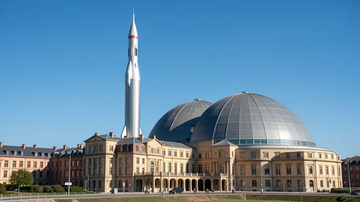 View of the Cité de l'espace in Toulouse, France, with its iconic rocket and planetarium domes under a clear blue sky. The architecture reflects the South-West French style. Focus on the scale and ambition of space exploration.
