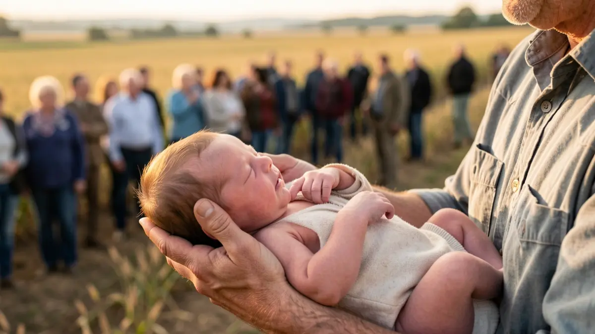 Image générique de mains d'agriculteur tenant un nouveau-né, avec des champs agricoles flous en arrière-plan.
