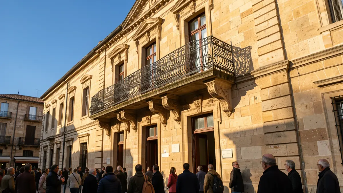 Façade en pierre d'un hôtel de ville d'Occitanie avec balcon ouvragé et rambardes en fer forgé, soleil d'après-midi chaud projetant des ombres sur les murs en grès, ciel bleu.
