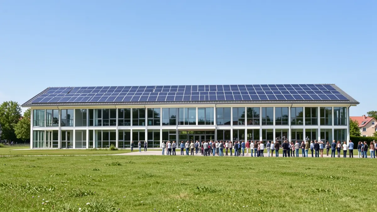 Generic image of a modern campus building with solar panels on the roof, in a green environment.