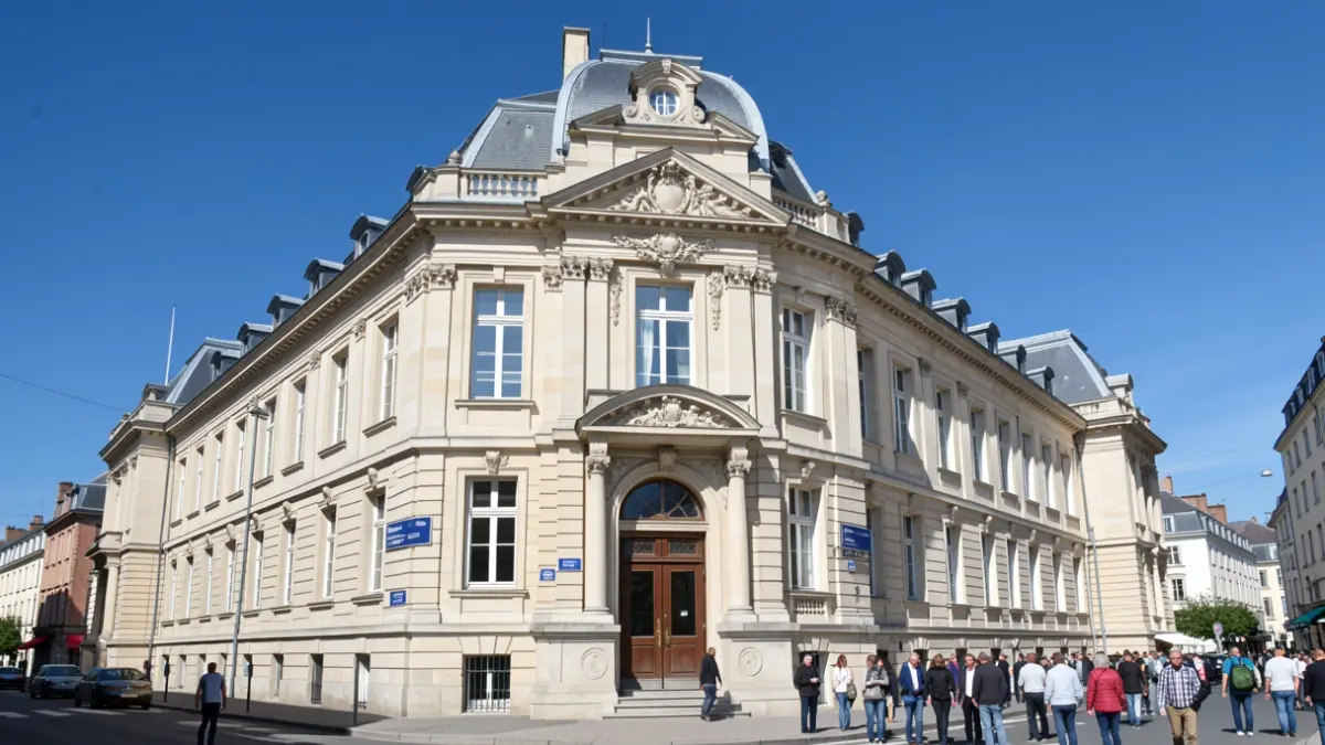 Façade d'un bâtiment officiel français, style architectural classique, sous un ciel bleu dégagé.