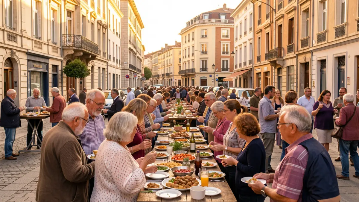 Scène de rue animée à la Cité Madrid, Toulouse, lors d'un repas de voisins en soirée.