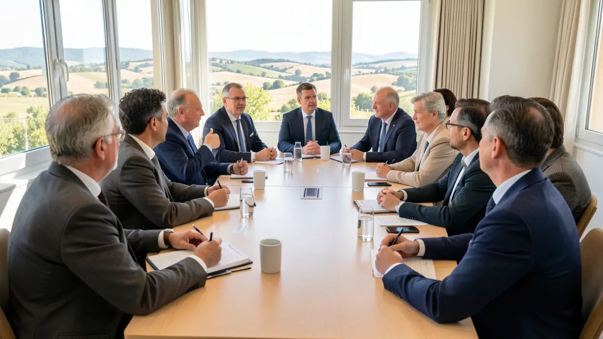 Image générique d'une réunion intercommunale dans une salle lumineuse, avec des représentants de communes et de la CAF discutant autour d'une table, avec un paysage d'Occitanie visible par la fenêtre.