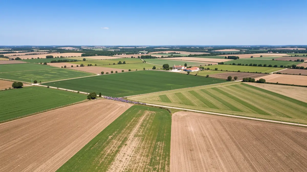 Generic image of agricultural fields in the Occitanie region, with green and brown plots and a few farm buildings in the distance under a blue sky.