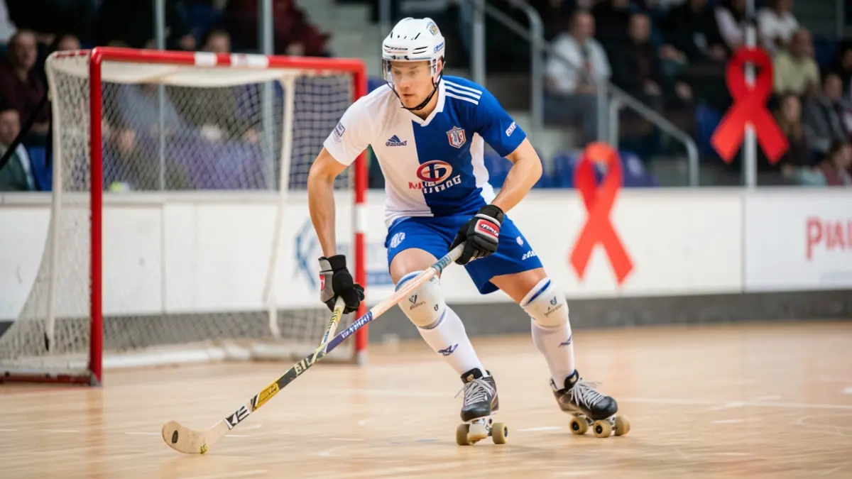Image générique de joueurs de roller hockey en action, avec un ruban rose en arrière-plan.