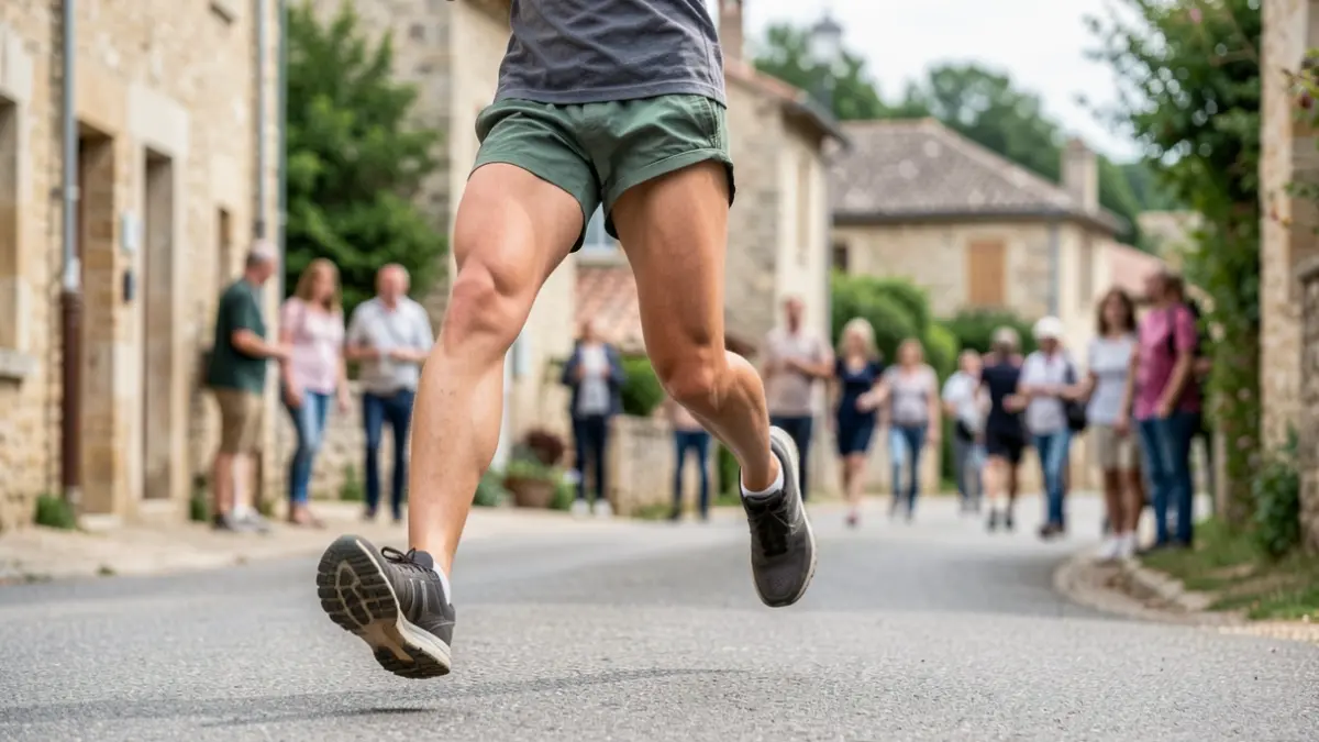 Image générique de coureurs sur une route de village français, avec des bâtiments flous en arrière-plan.