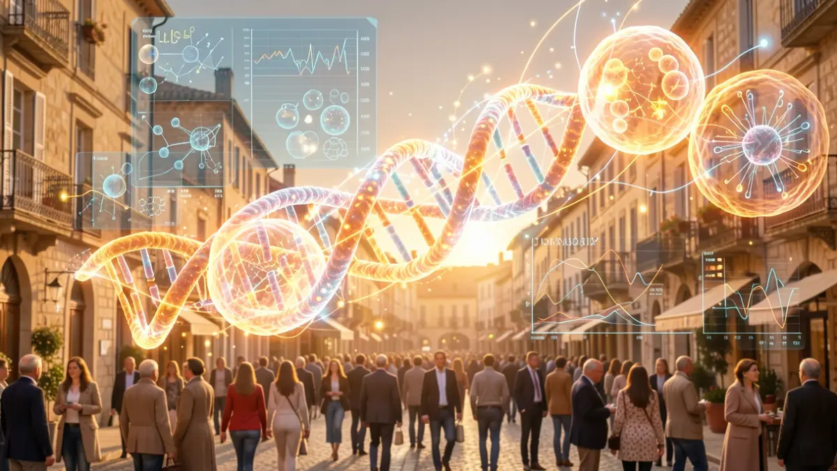 Generic image of glowing cell structures and scientific data visualizations, with a stylized DNA helix.
