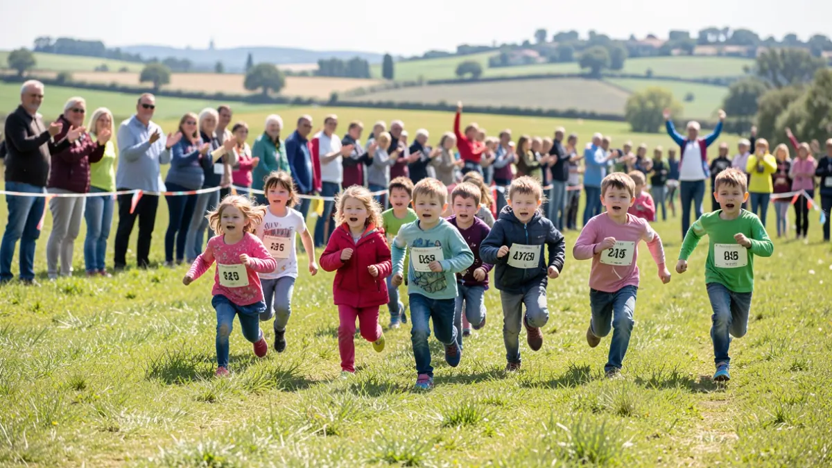 Image générique d'enfants courant sur un terrain d'athlétisme lors d'une course scolaire.