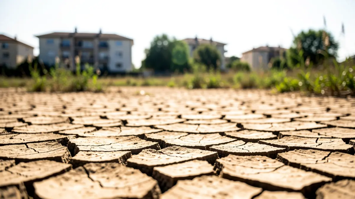 Generic image of drought with cracked earth and intense sun.