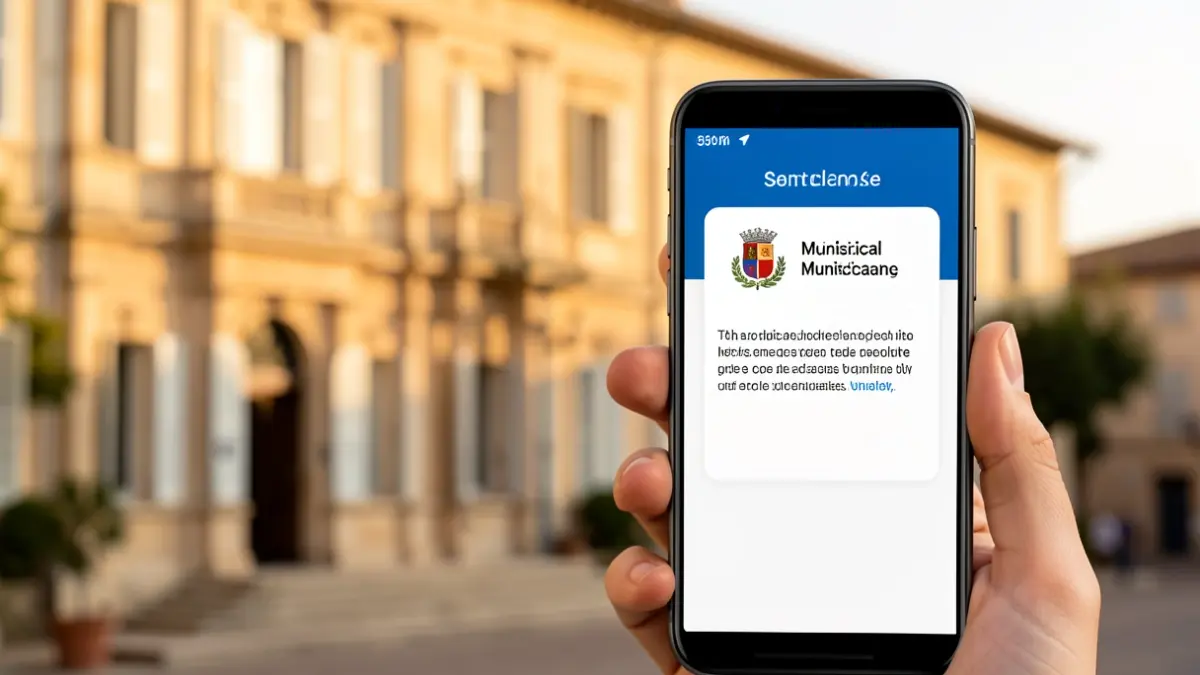 Generic image of a smartphone displaying a municipal application notification, with a blurred background of a town hall facade in the south of France.