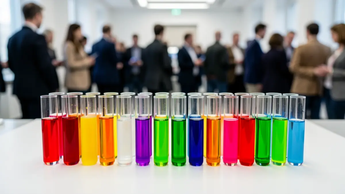 Image générique de divers tubes à essai contenant des solutions fluorescentes colorées dans un laboratoire.