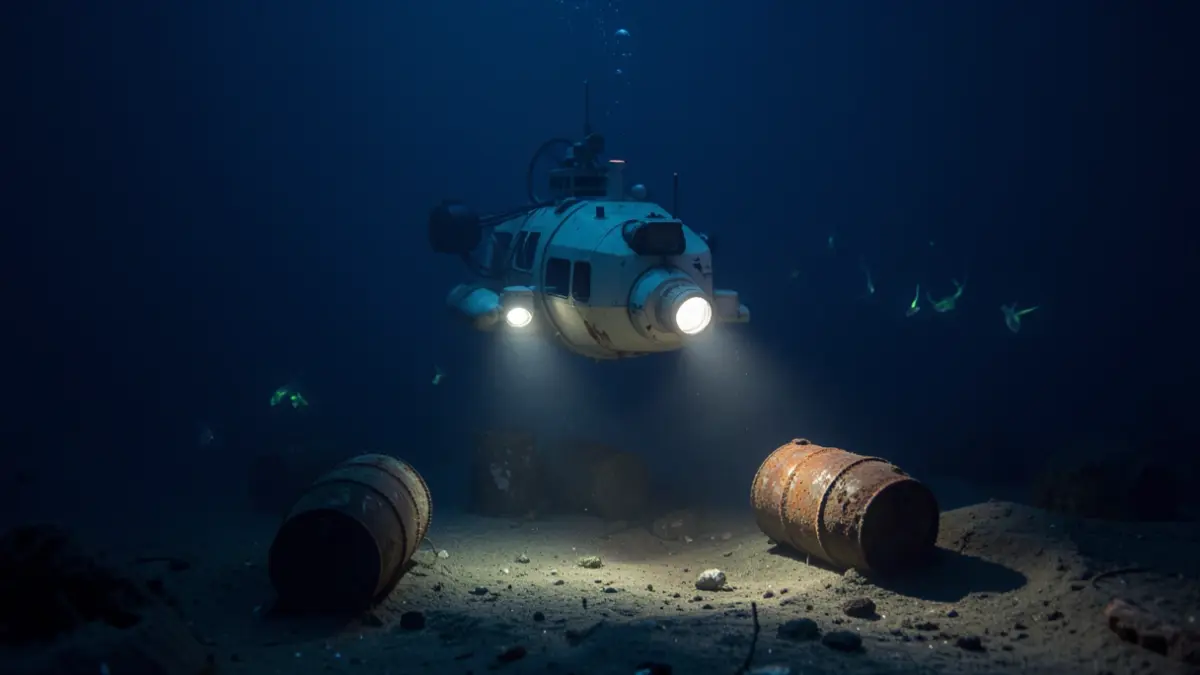 A research submersible exploring the dark ocean depths, with faint bioluminescent organisms visible in the distance and corroded barrels on the seabed.
