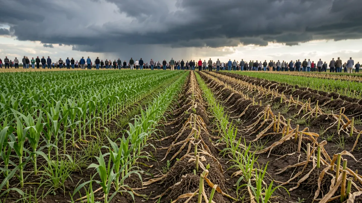 Image générique de champs agricoles montrant des degrés variés de dommages dus à des événements climatiques.