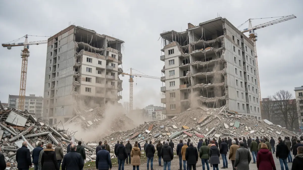 Image générique de démolition d'immeubles dans un quartier en rénovation urbaine.