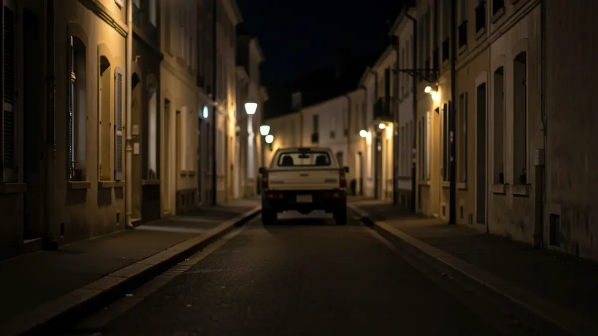 Image générique d'une rue de commune française la nuit, éclairée par les lampadaires. Un véhicule est visible au loin. L'atmosphère est calme et suggère une opération discrète.