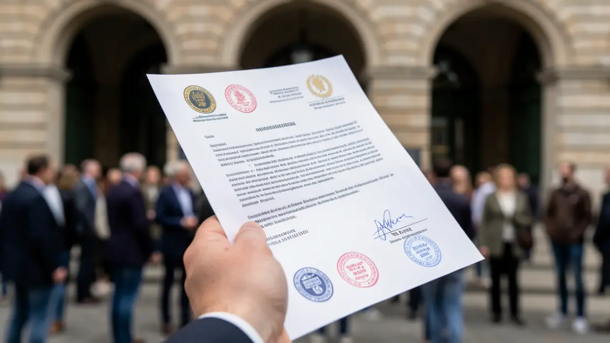 Generic image of a hand holding an official document with seals, in front of a public building facade.