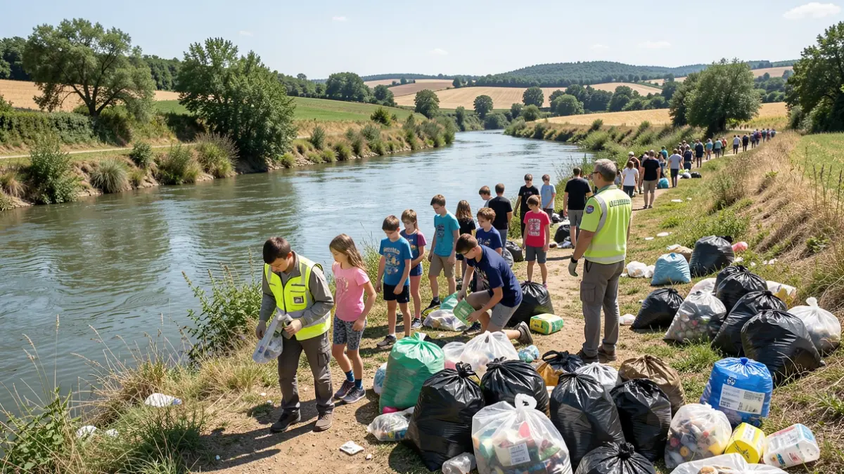 Image générique de collégiens et d'agents environnementaux ramassant des déchets sur les berges d'une rivière.