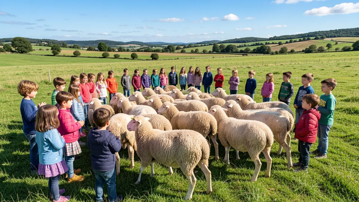 Generic image of children observing sheep in a green field in Occitanie.