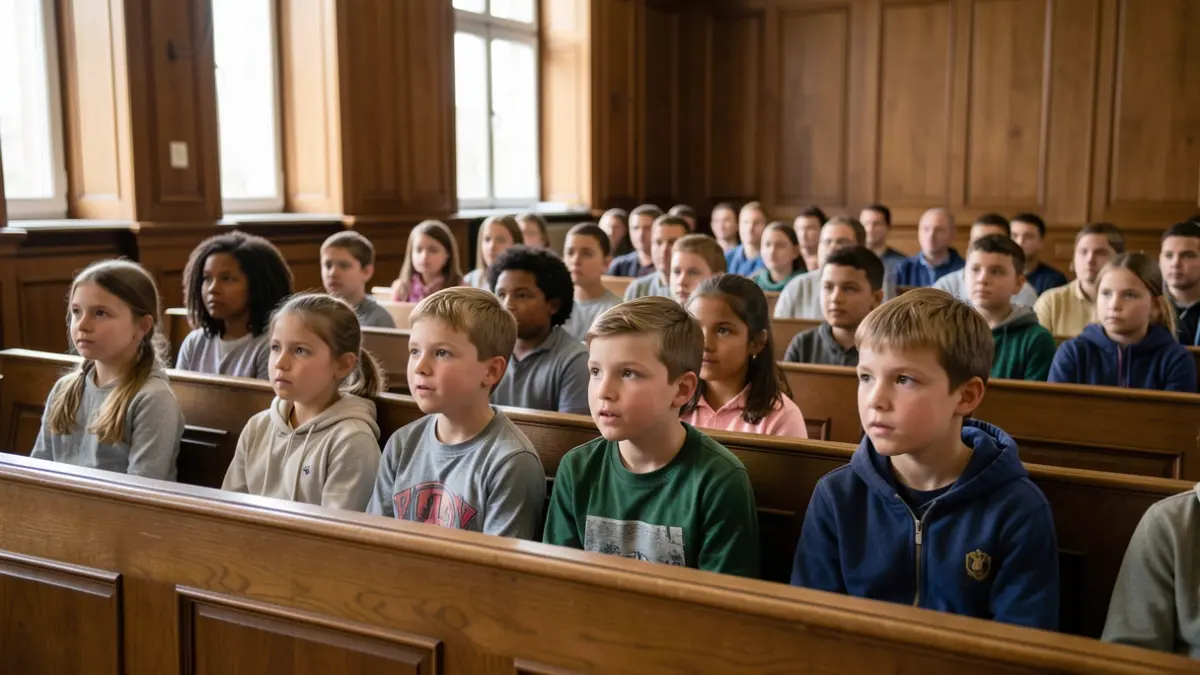 Image générique d'enfants écoutant attentivement dans un tribunal.
